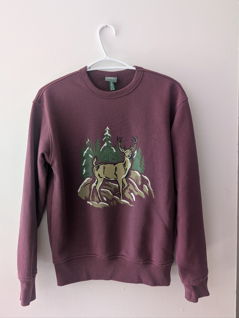 HOOKÉ Organic Cotton Blend Deer Graphic Crewneck Sweatshirt Washed Burgundy XS